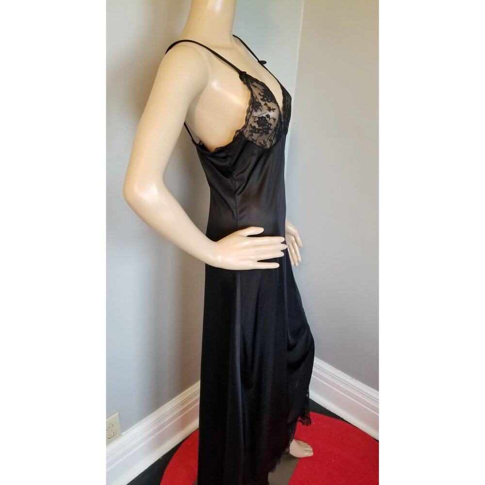 70s Black Lace Nightgown, Lady Cameo Dallas Spaghetti Strap Column Gown -M - Picture 5 of 9